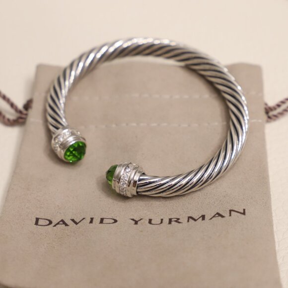 David Yurman Sterling Silver 7mm Classic Cable Bracelet Peridot with Diamonds - Picture 2 of 5
